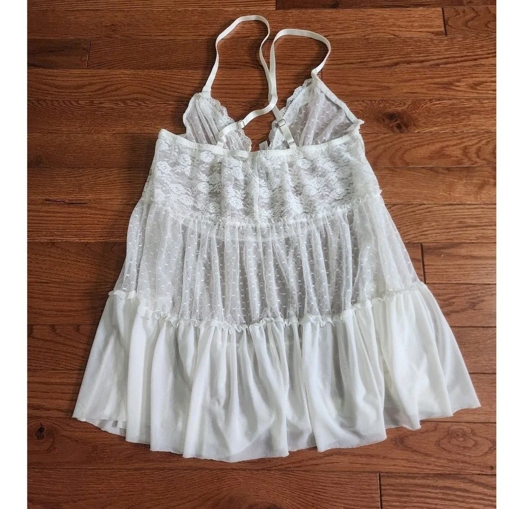 Gillian & OMalley Intimates Sheer‎ White Lace Babydoll Slip Chemise Blue Bow S